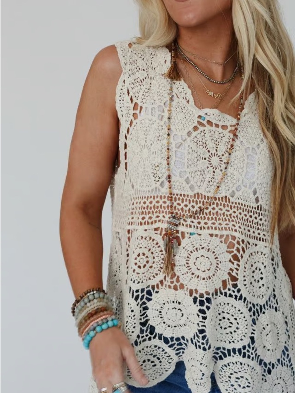 Crochet Sleeveless Camisole Tank Top - Cream